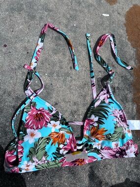 Kona Sol Pastel Teal Tropical Floral Triangle Thin Padding Bikini LARGE